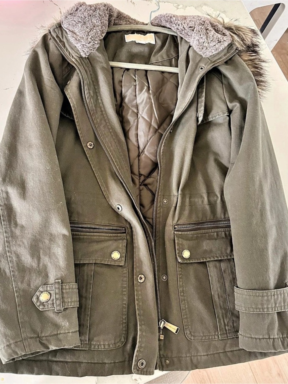 Michael Kors Olive Green Utility Jacket Faux Fur Hood Quilted Lining Size S